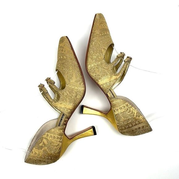 CLAUDIO MERAZZI Gold Brocade Formal Pumps Pointed Toe Embellished Details US 7,5 - Picture 6 of 16